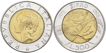Италия 500 лир 1998 R, 20 лет программе FAO KM 193 биметалл 4563-143