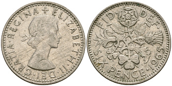 Великобритания 6 пенсов 1965 Елизавета II (1952-2022) KM 903, Spink 4149 медно-никель 4364-3654