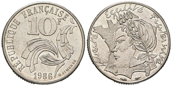 Франция 10 франков 1986 Свобода, Равенство, Братство KM 959 никель aUNC 4582-322