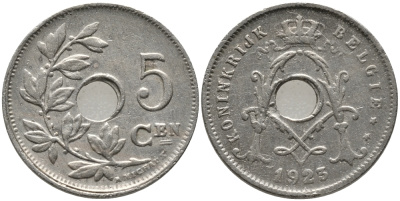 БЕЛЬГИЯ 5 САНТИМОВ 1923 BELGIE KM 67 медно-никель 76-124
