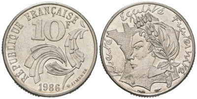 Франция 10 франков 1986 Свобода, Равенство, Братство KM 959 никель aUNC 4582-322