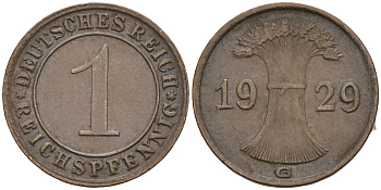Германия 1 рейхспфенниг 1929 G KM 37, J. 313 бронза 4516-1147