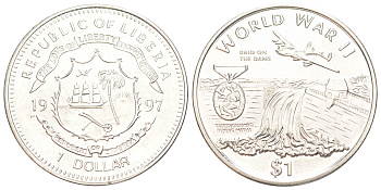 Либерия 1 доллар 1997 Вторая мировая война - Операция Chastise (рейд на дамбы) KM 294 медно-никель BU 00-1067-10-54