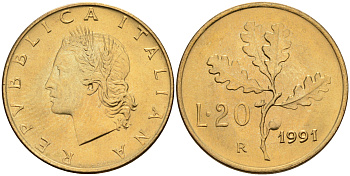 Италия 20 лир 1991 R, дубовый лист KM 97.2 алюминиевая бронза  UNC  4594-831