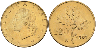 Италия 20 лир 1991 R, дубовый лист KM 97.2 алюминиевая бронза  UNC  4594-831