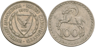 Кипр 100 милсов 1973 европейский муфлон KM 42 медно-никель 4111-422