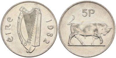 Ирландия 5 пенсов 1982 бык KM 22 медно-никель 4146-533