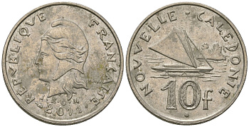 Французская Новая Каледония 10 франков 2011 рыбачья парусная лодка, (IEOM) KM 11a, Schoen 13a, Lec 99k медно-никель 65-112