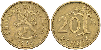 Финляндия 20 пенни 1964 S KM 47 алюминиевая бронза 219-1211