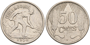 Люксембург 50 сантимов 1930 Шарлотта, сталевар (1919-1964) KM 43 никель 4516-162