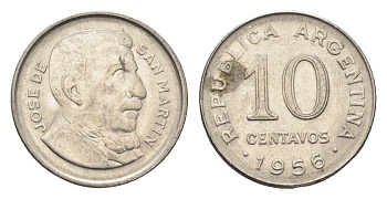 Аргентина 10 сентаво 1956 генерал Хосе де Сан Мартин KM 51 сталь плакированная никелем 4664-555