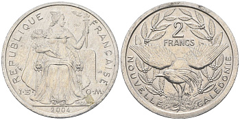 Французская Новая Каледония 2 франка 2004 птица кагу, (IEOM) KM 14, Schoen 11, Lec 68i алюминий    25-1556