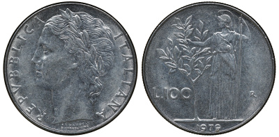 ИТАЛИЯ 100 ЛИР 1979 R, АФИНА KM 96.1 нержавеющая сталь aUNC 72-927