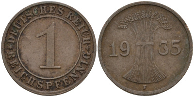Германия 1 рейхспфенниг 1935 F KM 37, J. 313 бронза 4124-638