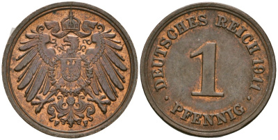 Германия 1 пфенниг 1911 F, Вильгельм II (1888-1918) KM 10, J. 10 медь 4608-617