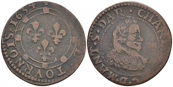 ФРАНЦИЯ 2 ТУРНУА 1634 ЛУИ XIII KM 85 медь 3896-644