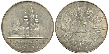 Австрия 25 шиллингов 1957 800 лет Базилике Мариацелля KM 2883 серебро aUNC 1520-143