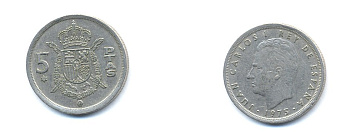 ИСПАНИЯ 5 ПЕСЕТ 1976 KM 807 медно-никель 54-1642