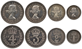 Великобритания набор из 4 монет 1960 1, 2, 3 и 4 пенса, Манди сет, Елизавета II (1952- ), Westminster Spink 4131 серебро UNC 00-821-64