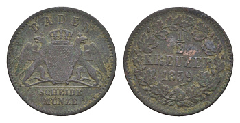 Баден 1/2 крейцера 1859 Фридрих I (1856-1907) KM 241 медь 4639-419