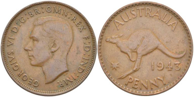 Австралия 1 пенни 1943 p, Георг VI (1936-1952), кенгуру, без буквы I KM 36 бронза 4512-1132