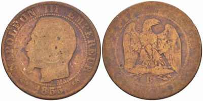 Франция 5 сантимов 1855 B, Наполеон III (1852-1870) KM 777.2, LE FRANC 116.19 бронза 108-351