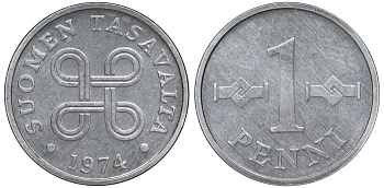 ФИНЛЯНДИЯ 1 ПЕННИ 1974 KM 69а алюминий 3334-1038