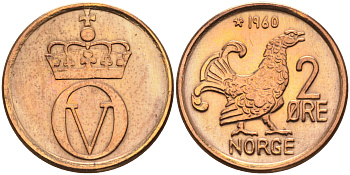 Норвегия 2 эре 1960  КМ 410 бронза    4177-335