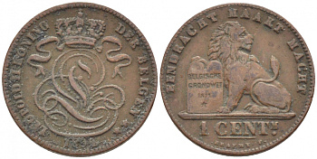 БЕЛЬГИЯ 1 САНТИМ 1894 BELGEN KM 34.1 медь 116-716