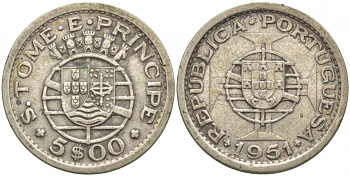 Португальское Сан-Томе и Принсипи 5 эскудо 1951 год тип KM 13 серебро 413-2043