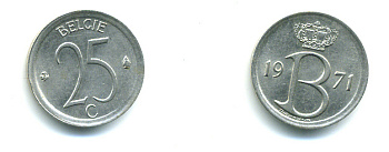 Бельгия 25 сантимов 1971 Belgie, Бодуэн I (1951-1993 KM 154.1 медно-никель UNC 89-1724