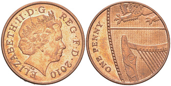 Великобритания 1 пенни 2010 Елизавета II (1952-2022) KM 1107, Spink B6 сталь плакированная медью UNC 4614-815
