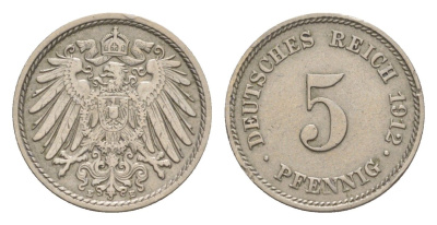 Германия 5 пфеннигов 1912 E, Вильгельм II (1888-1918) KM 11, J. 12 медно-никель 4640-143