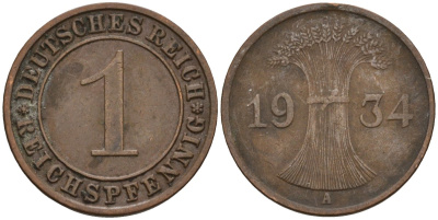 Германия 1 рейхспфенниг 1934 D KM 37, J. 313 бронза 4549-556