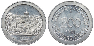 Германия, Нюрнберг - Фюрт 200 пфеннигов 1921 юбилейный жетон железной дороги - первая железная дорога, паровоз алюминий 4123-145