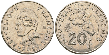 Французская Новая Каледония 20 франков 2013 три быка, (IEOM) KM 12a, Schoen 14a, Lec 115j медно-никель 84-1141
