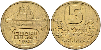 Финляндия 5 марок 1983 ледокол KM 57 алюминиевая бронза 4565-632