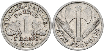 Франция 1 франк 1943 LB, тип Lourde, правительство Виши KM 902.1 алюминий 4142-927