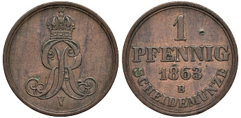 Ганновер 1 пфенниг 1863 B, Георг V KM 233, AKS 156, J. 90 медь 4594-253