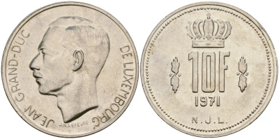 Люксембург 10 франков 1971 Великий герцог Жан (1964-2000) KM 57 никель 4120-1135