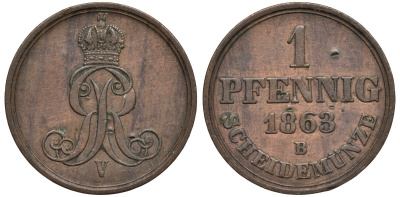 Ганновер 1 пфенниг 1863 B, Георг V KM 233, AKS 156, J. 90 медь 4594-253
