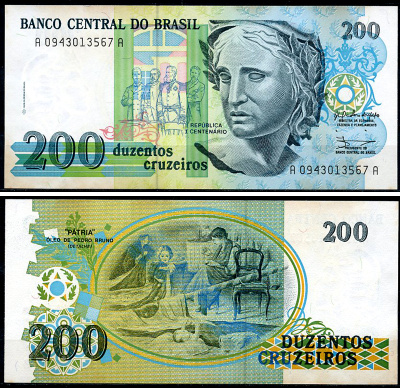 Бразилия 200 крузейро 1990 Pick 229 бумага UNC (пресс) 8588-23-3-2