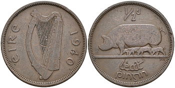 Ирландия 1/2 пенни 1940 свинья с поросятами KM 10 бронза 4561-1131