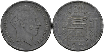 Бельгия 5 франков 1941 BELGES, Леопольд III (1934-1947) KM 129.1 цинк 4579-251