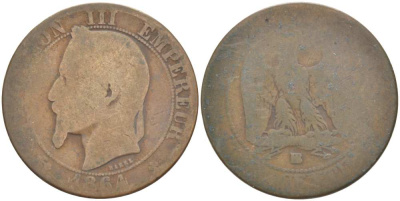 ФРАНЦИЯ 5 САНТИМОВ 1864 BB, НАПОЛЕОН III (1852-1870) KM 797.2, LE FRANC 117.12 бронза 217-221