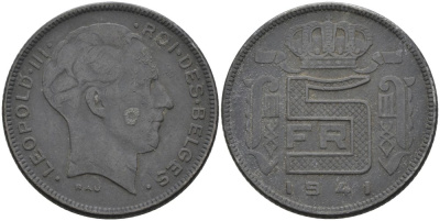 Бельгия 5 франков 1941 BELGES, Леопольд III (1934-1947) KM 129.1 цинк 4579-251