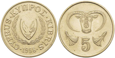 КИПР 5 ЦЕНТОВ 1998 ГОЛОВА БЫКА KM 55.3 никель латунь 119-1237