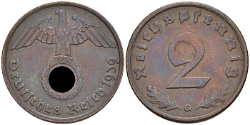 ГЕРМАНИЯ 2 РЕЙХСПФЕННИГА 1939 G KM 90, J. 362 бронза 188-367