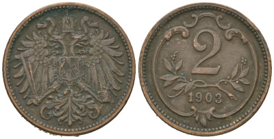 Австрия 2 геллера 1903 Франц Иосиф I (1848-1916) KM 2801 бронза 4615-561