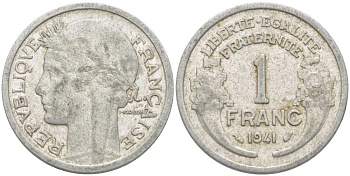 ФРАНЦИЯ 1 ФРАНК 1941 ТИП MORLON, LEGERE KM 885a.1, LE FRANC 221.2 алюминий 202-423